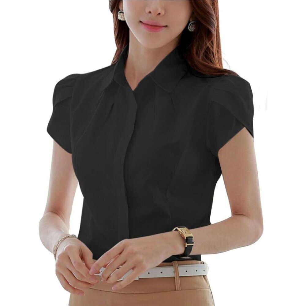 Women’s Cotton Collared Button Black Blouse Tulip Sleeve Business Casual Shirt